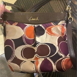 Brown leather Ashley scarf print coach purse